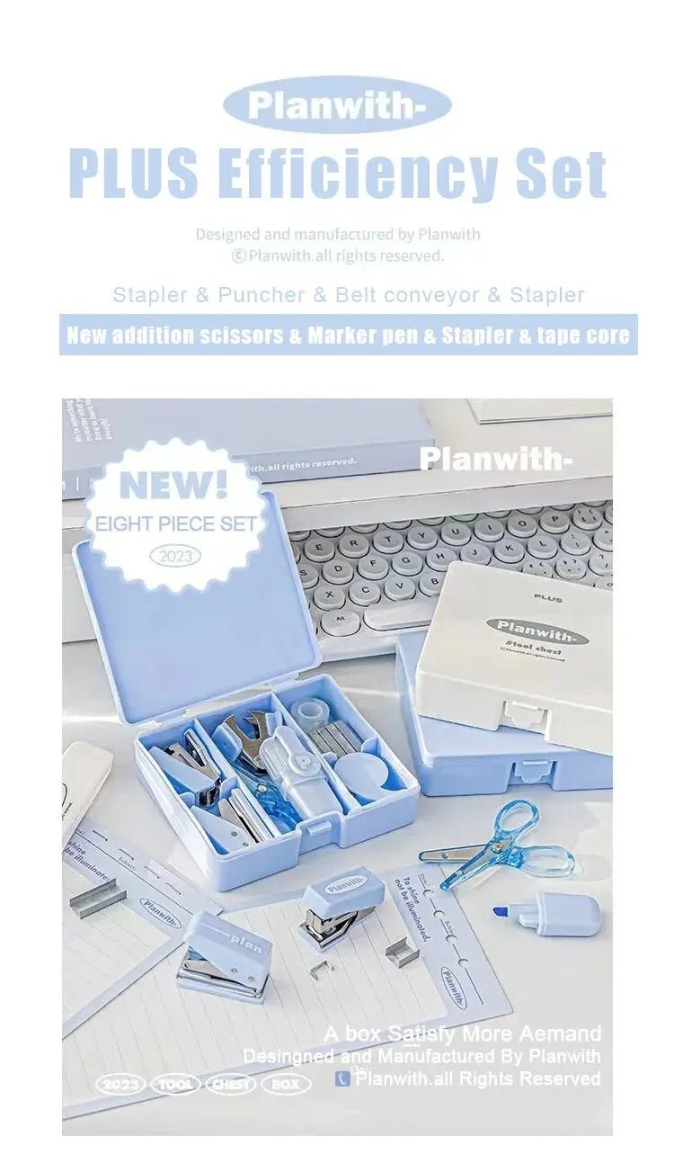 1 Box of Planwith Multifunctional Efficiency Eet Tool Box 8 - Piece Punching Machine Stapler Scissor Tape Machine Hand Ledger - Ammpoure Wellbeing