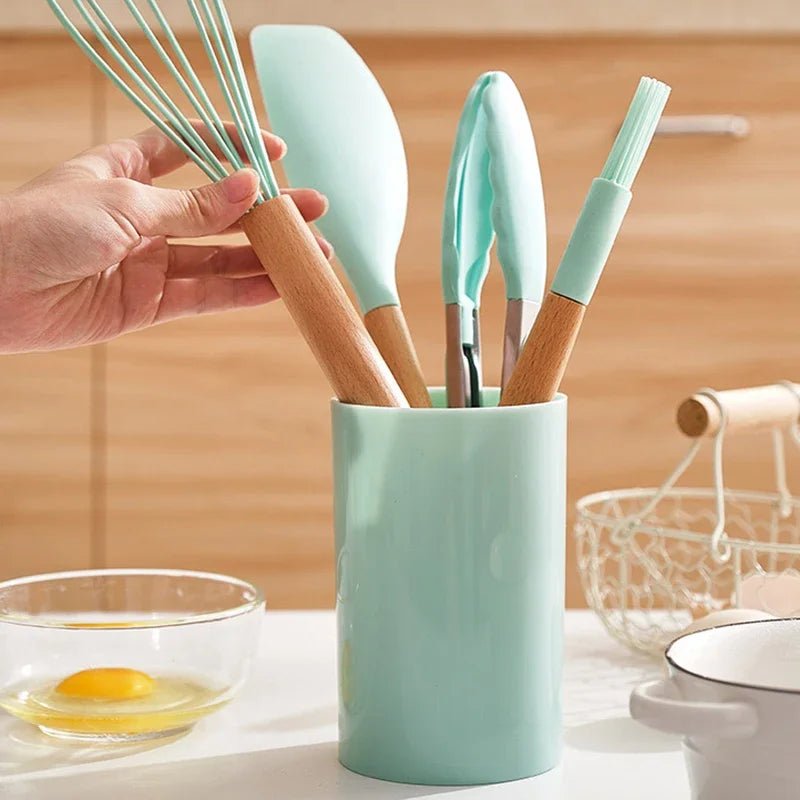 12PCS Silicone Kitchenware Non - Stick Cookware Kitchen Utensils Set Spatula Shovel Egg Beaters Wooden Handle Cooking Tool Set - Ammpoure Wellbeing