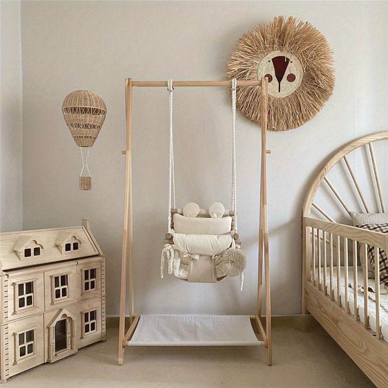 1pc, Indoor Hanging Swing Chair, Wooden Frame With Soft Cushion, Nursery Room Decor, Home Playground, Gentle Rocking Seat, Small Basket Swing Chair - Ammpoure Wellbeing