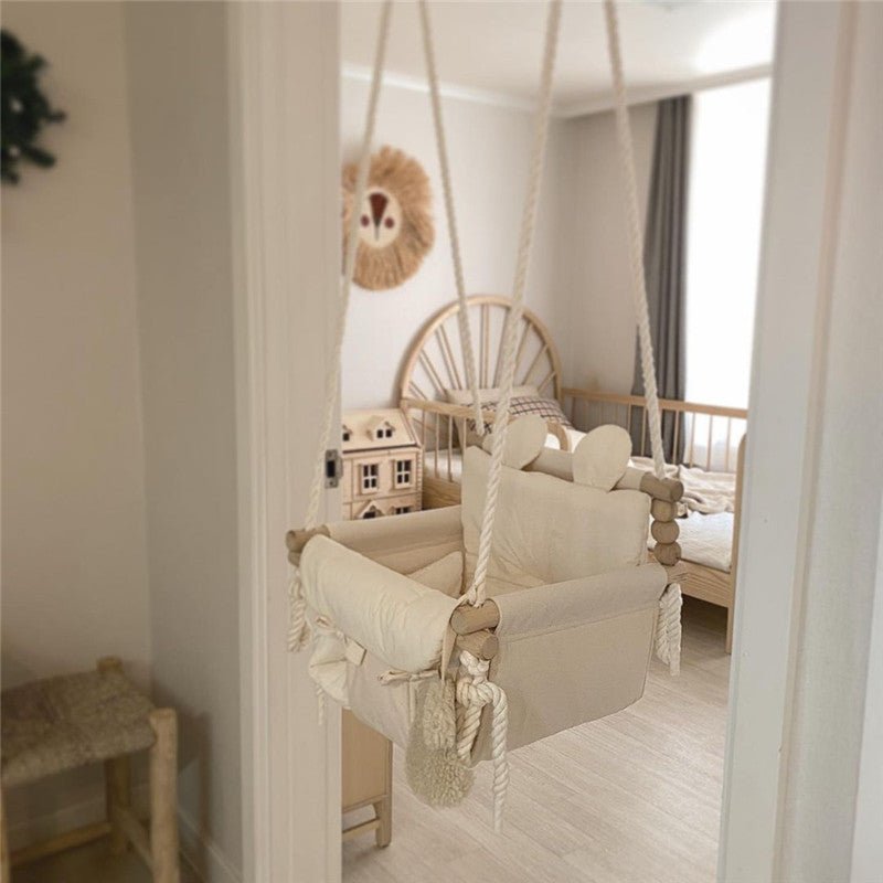 1pc, Indoor Hanging Swing Chair, Wooden Frame With Soft Cushion, Nursery Room Decor, Home Playground, Gentle Rocking Seat, Small Basket Swing Chair - Ammpoure Wellbeing