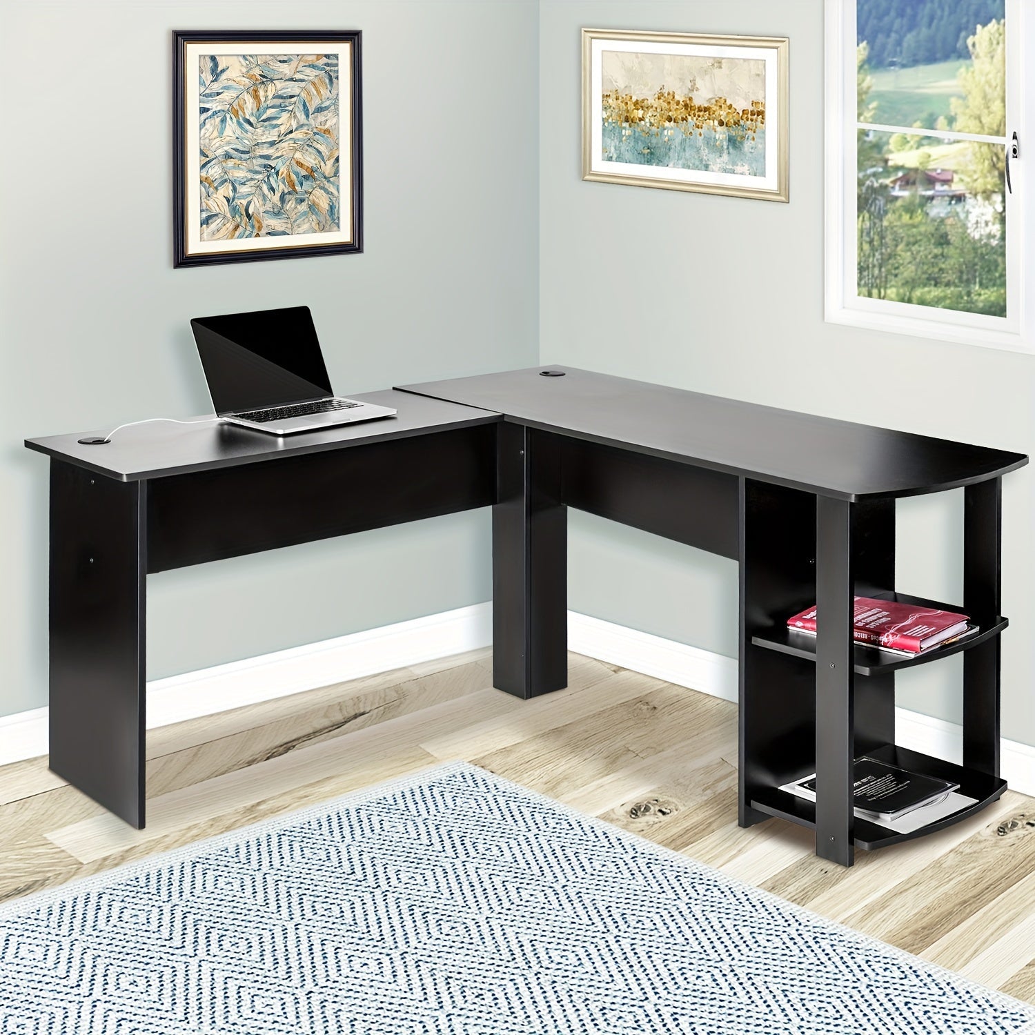 1pc L - shaped office desk with file shelf, corner computer desk with power socket, home office desk with storage cabinet, Black - Ammpoure Wellbeing