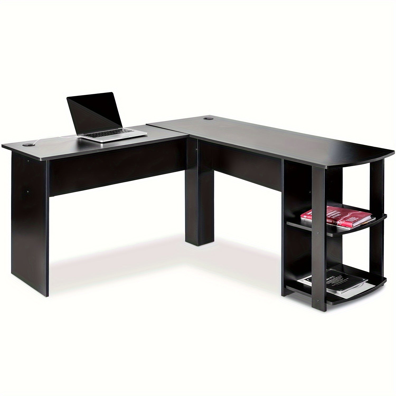 1pc L - shaped office desk with file shelf, corner computer desk with power socket, home office desk with storage cabinet, Black - Ammpoure Wellbeing