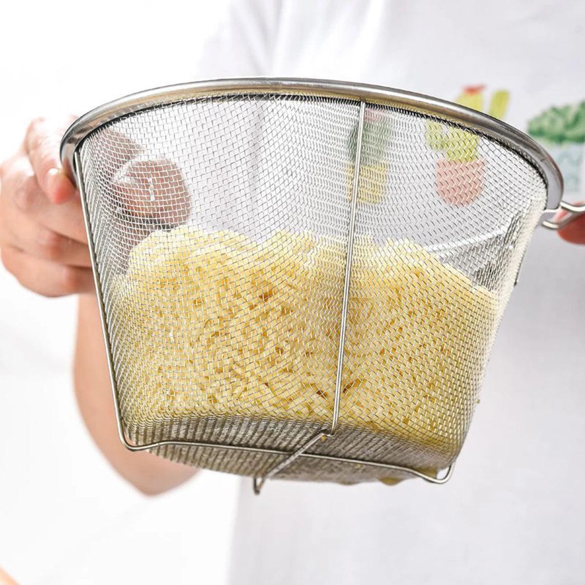 1pc stainless steel mesh strainer Lo mein scoop deep fried mesh frying basket deep fried looped French fries kitchen folding thi - Ammpoure Wellbeing