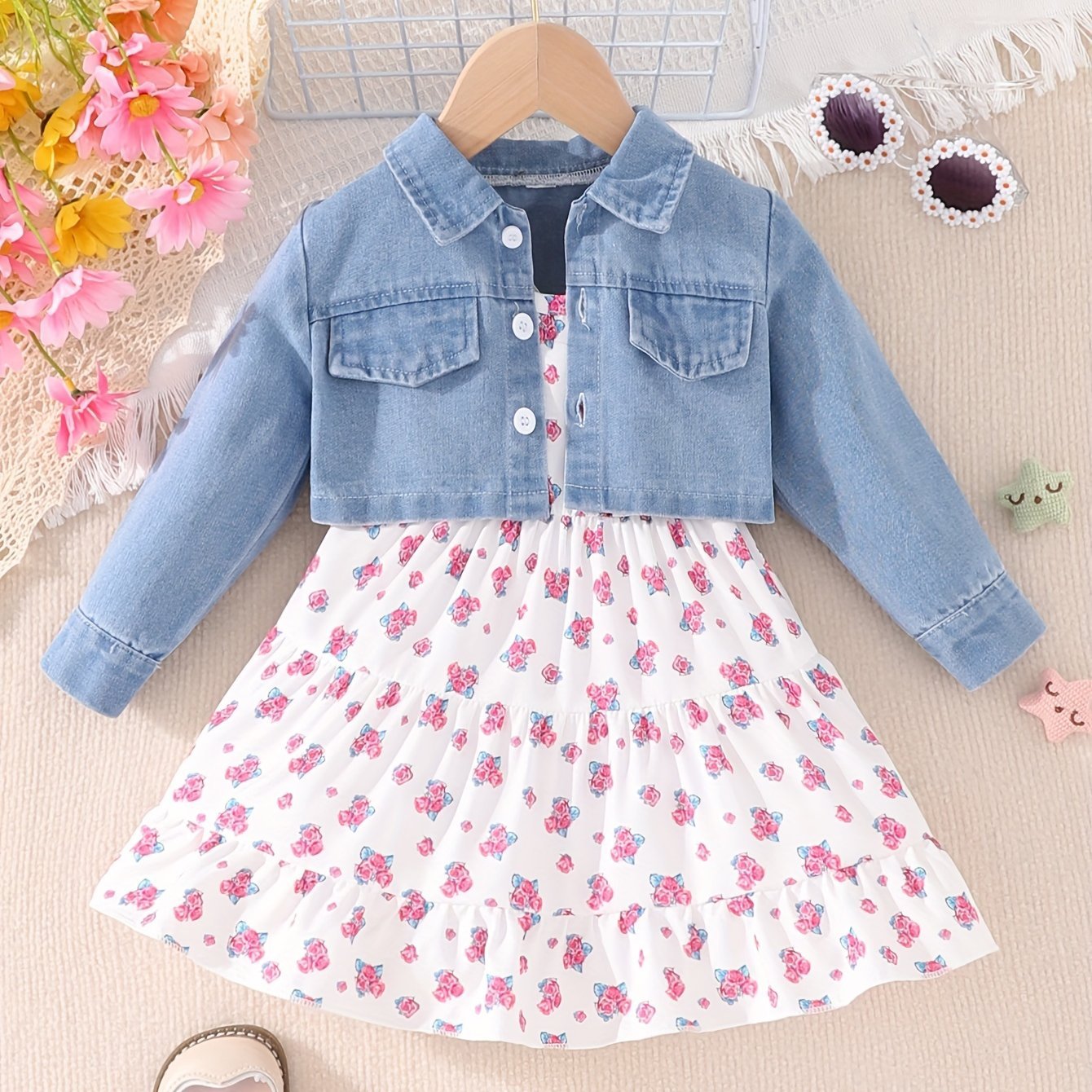 2pcs Adorable Baby Girls Denim Jacket Outfit - Stylish Floral Cami Dress with Button Front Jacket - Comfortable & Versatile 2 - Piece Set for Infant & Toddler Fashionistas - Ammpoure Wellbeing