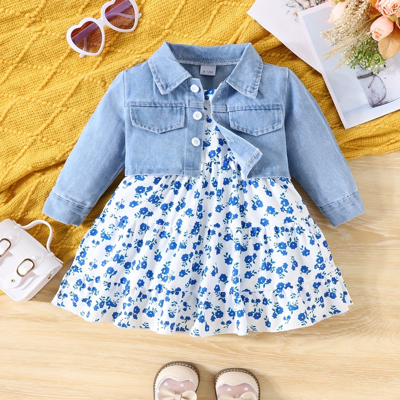 2pcs Adorable Baby Girls Denim Jacket Outfit - Stylish Floral Cami Dress with Button Front Jacket - Comfortable & Versatile 2 - Piece Set for Infant & Toddler Fashionistas - Ammpoure Wellbeing