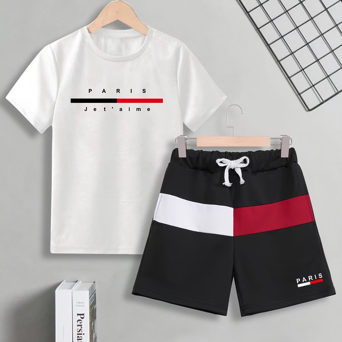 2pcs Boys Casual PARIS Letter Print Striped Comfortable Versatile Short Sleeve T - shirt & Shorts Set, Cool, Lightweight And Comfy Summer Clothes! - Ammpoure Wellbeing