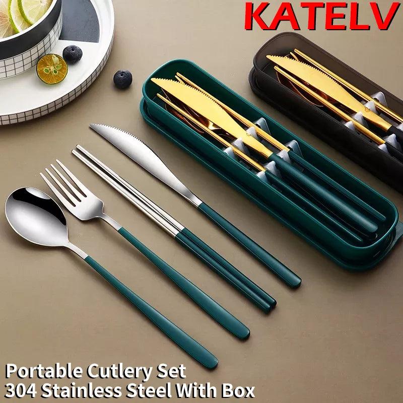 304 Tableware Set Portable Cutlery Set Dinnerware Set High Quality Stainless Steel Knife Fork Spoon Travel Flatware With Box - Ammpoure Wellbeing