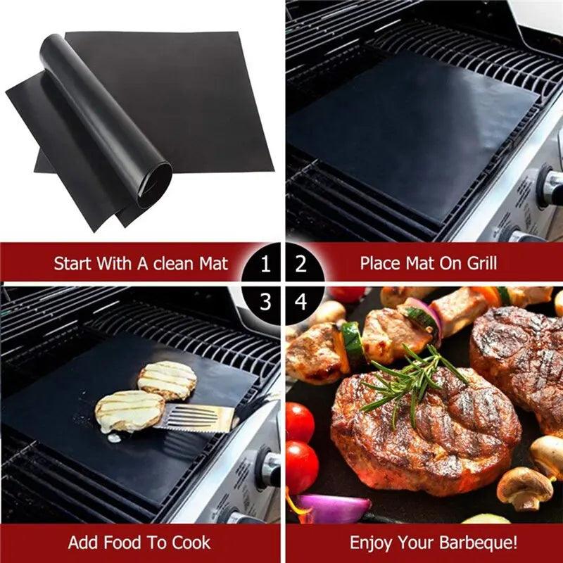 3Pcs 40 X 30cm Black BBQ Grill Mat Barbecue Outdoor Baking Non Stick Pad Reusable Cooking Plate for Party Mat Tools Accessories - Ammpoure Wellbeing