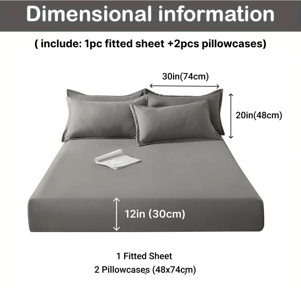 3pcs Cotton Fitted Bed Sheet Set (1 Fitted Sheet + 2 Pillowcases) Breathable Soft Mattress Cover with Pillow Cover Bedding Set - Ammpoure Wellbeing