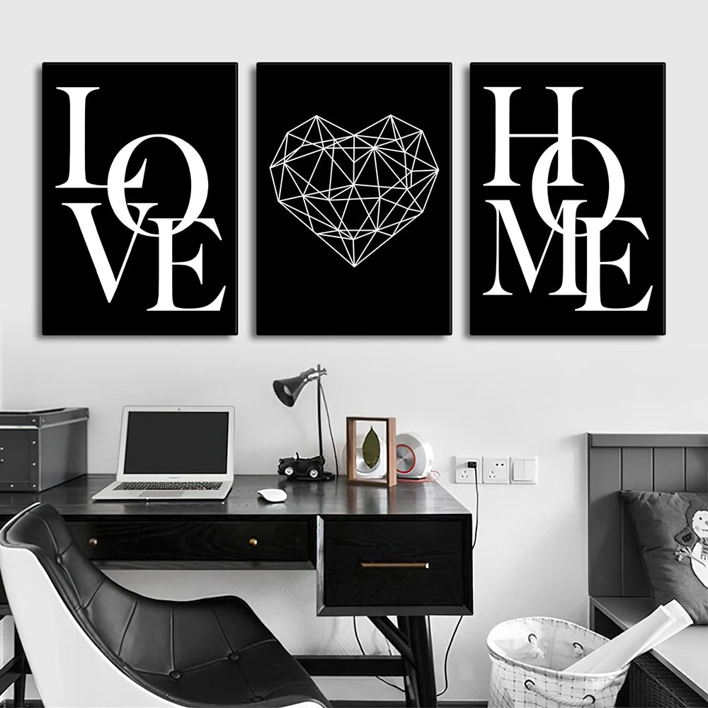 3pcs Love Home Diamond Heart Letter Canvas Prints Nordic Modern Living Room Wall Art Black White Decorative Paintings Home Decor - Ammpoure Wellbeing