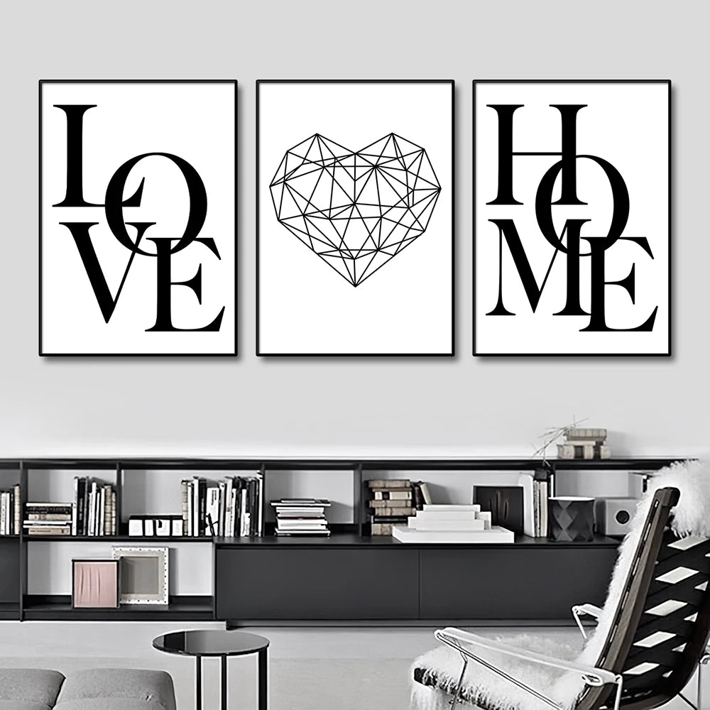 3pcs Love Home Diamond Heart Letter Canvas Prints Nordic Modern Living Room Wall Art Black White Decorative Paintings Home Decor - Ammpoure Wellbeing