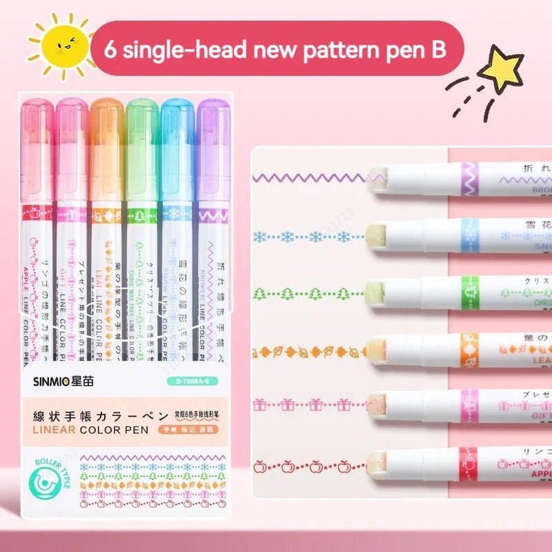 6Pcs/Set Flower Line Shape Highlighter Pen Roller Tip Curve Liner Marker Kawaii Korean Stationery School Office Supplies Gifts - Ammpoure Wellbeing