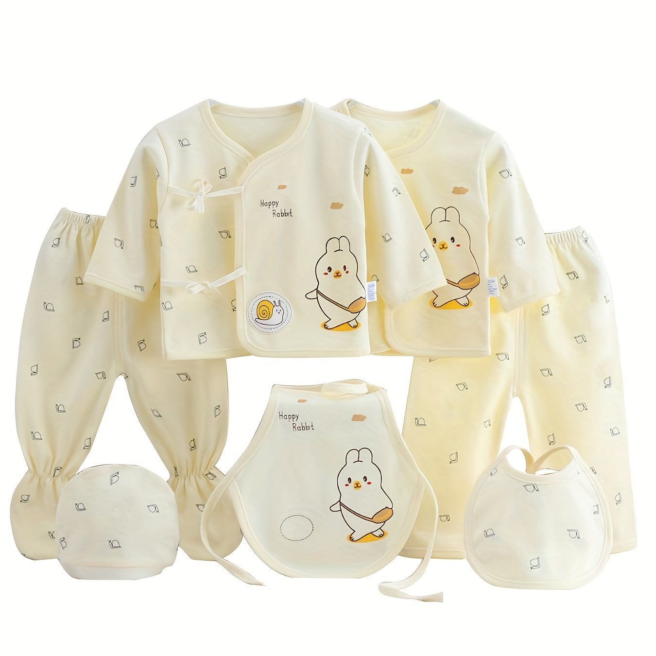 7pcs Newborn Comfort Set - Adorable Unisex Cotton Outfit with Footed Pants, Cardigan, Top, Trousers, Hat, Bib - Perfect Gift for Baby Showers - Ammpoure Wellbeing