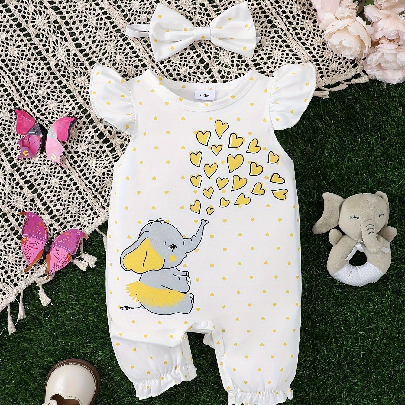 Adorable Baby Girls Elephant & Heart Print Romper Bodysuit with Matching Headband - Soft, Summer - Ready Outfit for Toddler & Infant Girls - Perfect Gift Idea - Ammpoure Wellbeing
