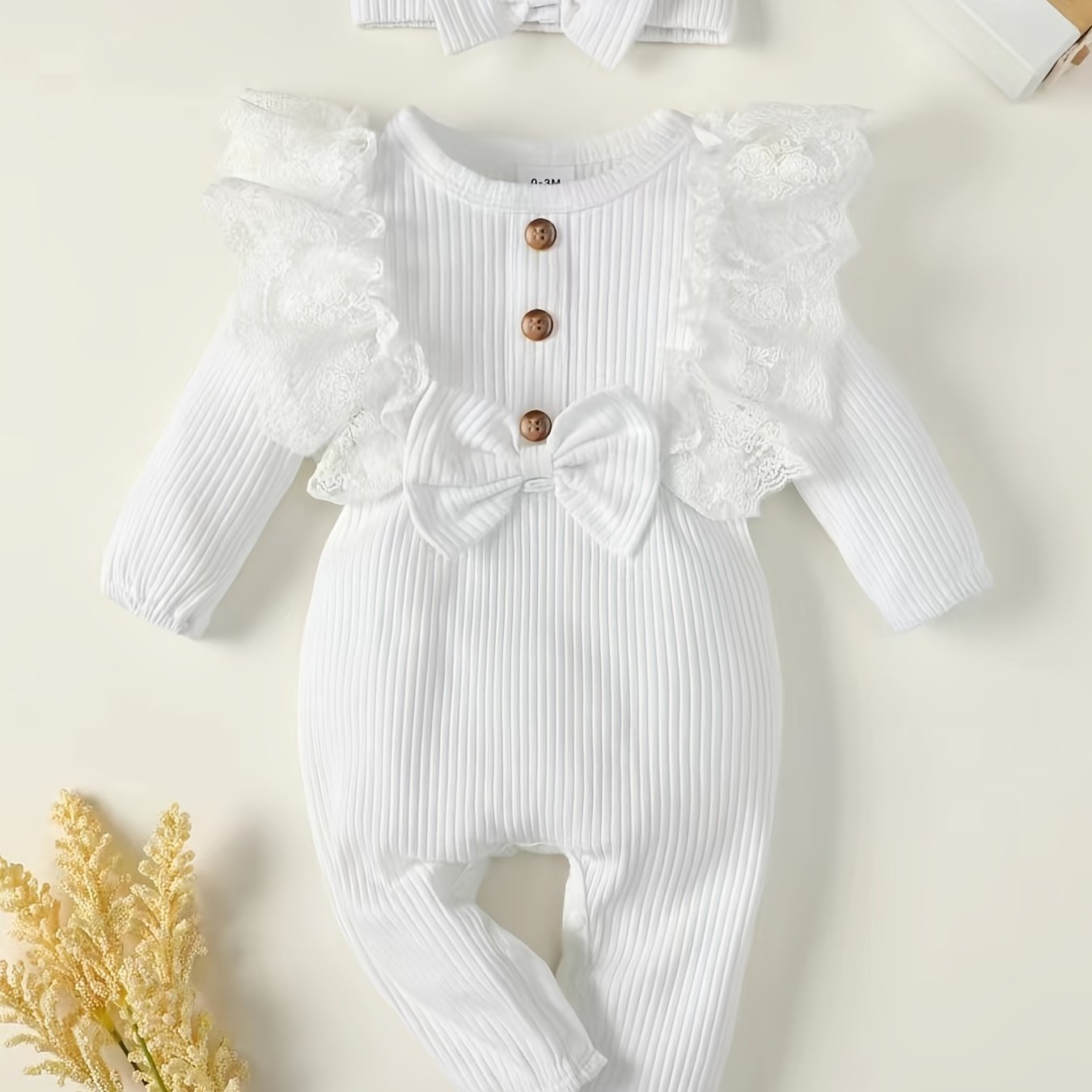 Adorable Baby Girls Long Sleeve Ruffle Romper with Bowknot - Soft 2 - Piece Set Including Matching Headband - Perfect Casual & Cute Ensemble for Everyday Wear - Ammpoure Wellbeing