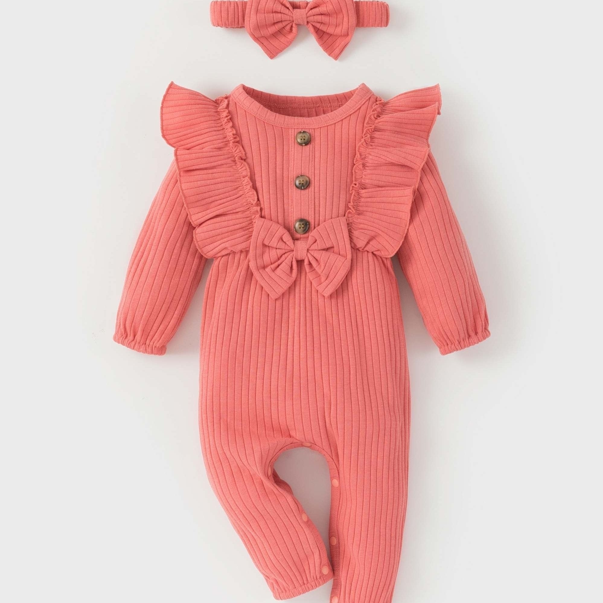 Adorable Baby Girls Long Sleeve Ruffle Romper with Bowknot - Soft 2 - Piece Set Including Matching Headband - Perfect Casual & Cute Ensemble for Everyday Wear - Ammpoure Wellbeing