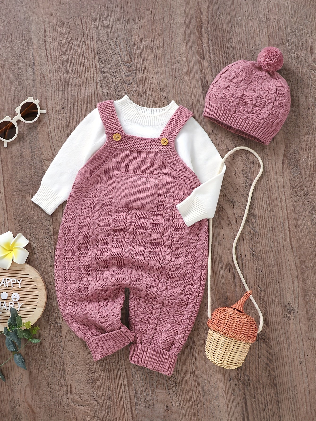 Adorable Baby Wool Knitted Suspender Jumpsuit Set - Soft & Warm Long Leg Climbing Suit with Matching Hat - Cozy Unlined Design for All Day Comfort - Ammpoure Wellbeing