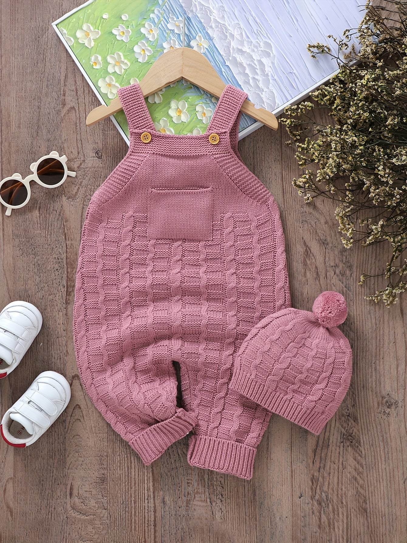 Adorable Baby Wool Knitted Suspender Jumpsuit Set - Soft & Warm Long Leg Climbing Suit with Matching Hat - Cozy Unlined Design for All Day Comfort - Ammpoure Wellbeing