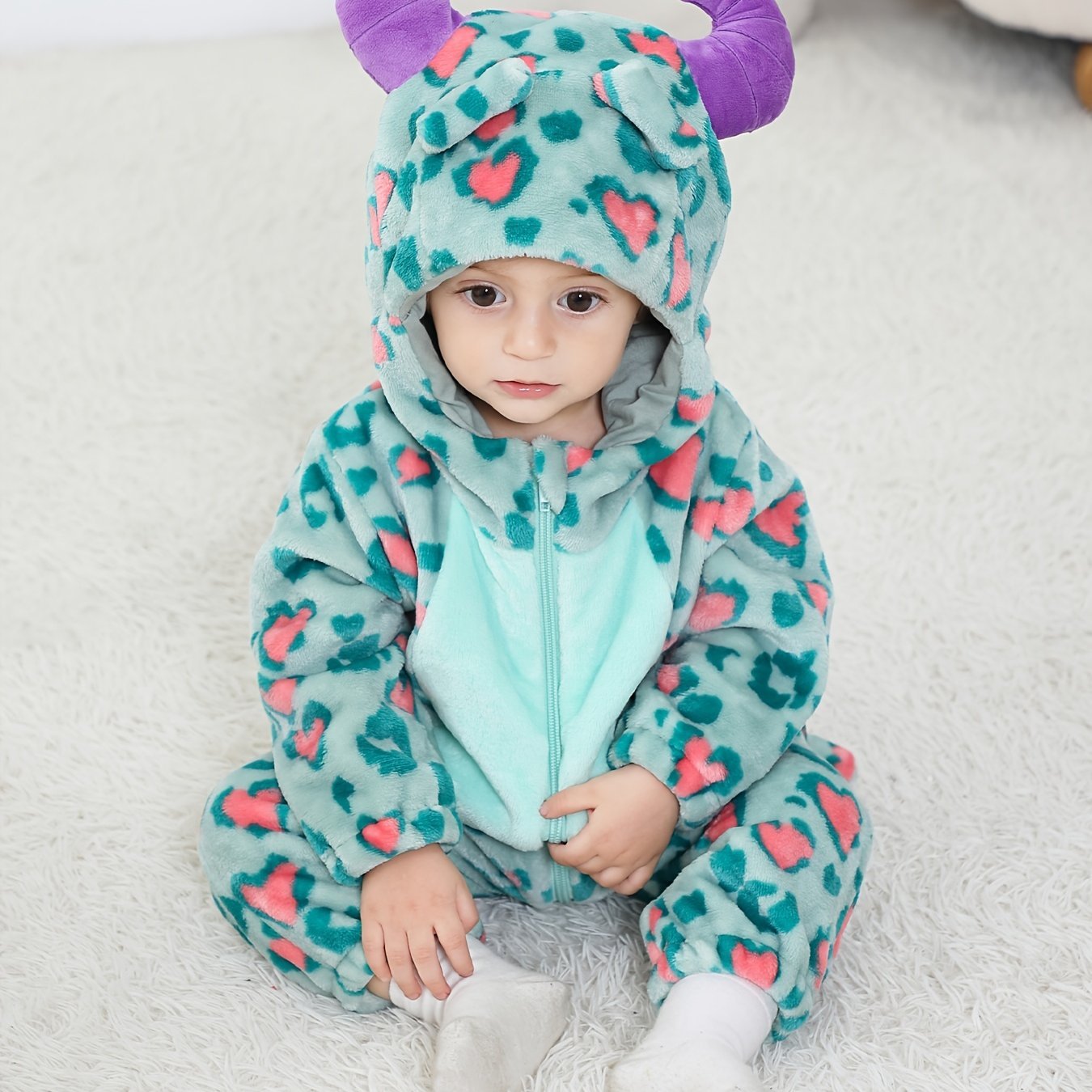Adorable Little Monster Hooded Bodysuit - Soft, Warm & Easy - On Zip for Toddler Babies - Perfect Single Layer Cosplay Jumpsuit for Parties & Halloween - Ammpoure Wellbeing