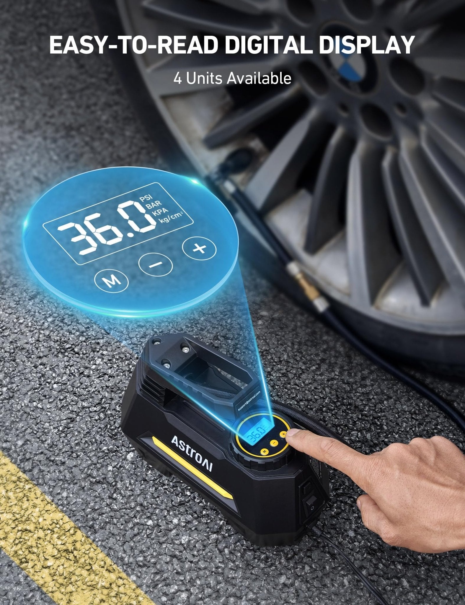 AstroAI Tyre Inflator Air Compressor 12V, Portable Electric Auto - Stop Car Tyre Pump with Tyre Pressure Gauge, Valve Adaptors and LED Light, Car Accessories, Yellow - Ammpoure Wellbeing