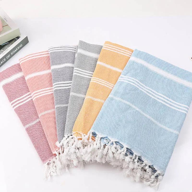 Beach Pool Blanket Absorbent Easy Care Striped Cotton Turkish Sports Bath Towel with Tassels Travel Gym Camping - Ammpoure Wellbeing