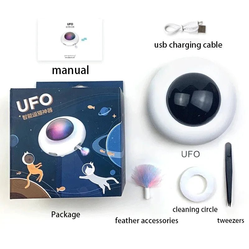 Cat Toy Smart Teaser UFO Pet Turntable Catching Training toys USB Charging Cat Teaser Replaceable Feather Interactive Auto - Ammpoure Wellbeing