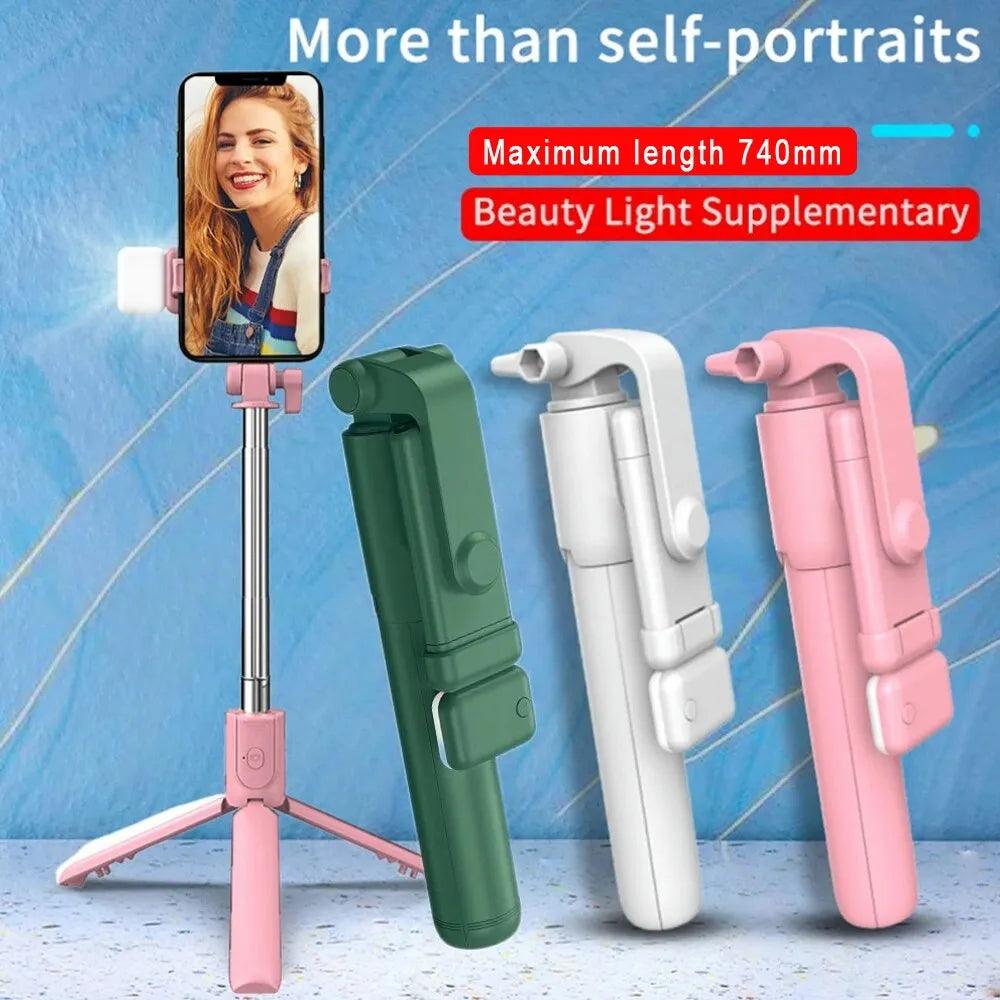 Cell Phone Selfie Stick Tripod Bluetooth Remote Wireless Selfi Stick Phone Holder Stand with Beauty Fill Light for Phone - Ammpoure Wellbeing
