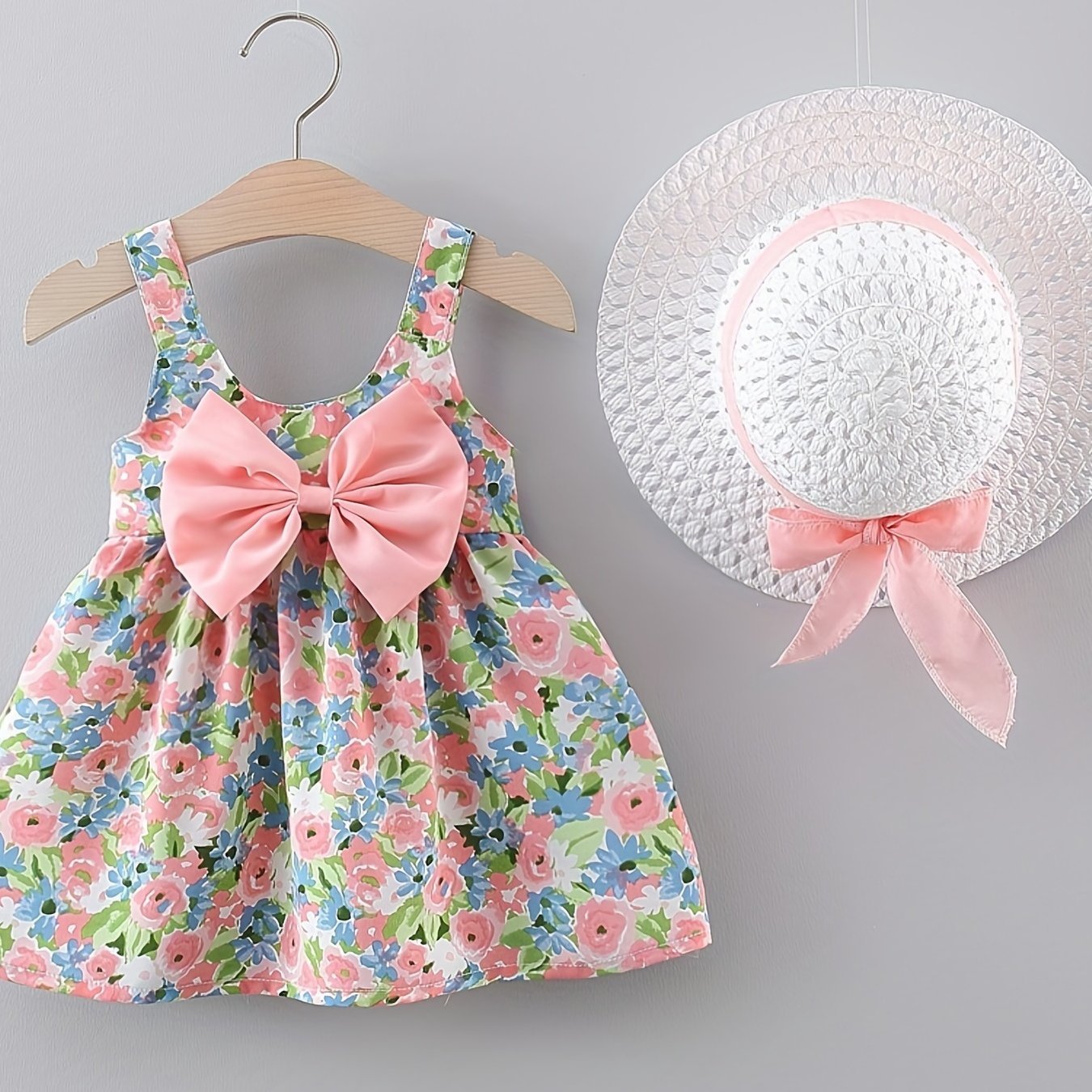 Charming Baby Girl Puffy Floral Cami Dress with Matching Bow & Hat - Perfect for Beach Holidays and Playful Dress - Up Occasions - Ammpoure Wellbeing
