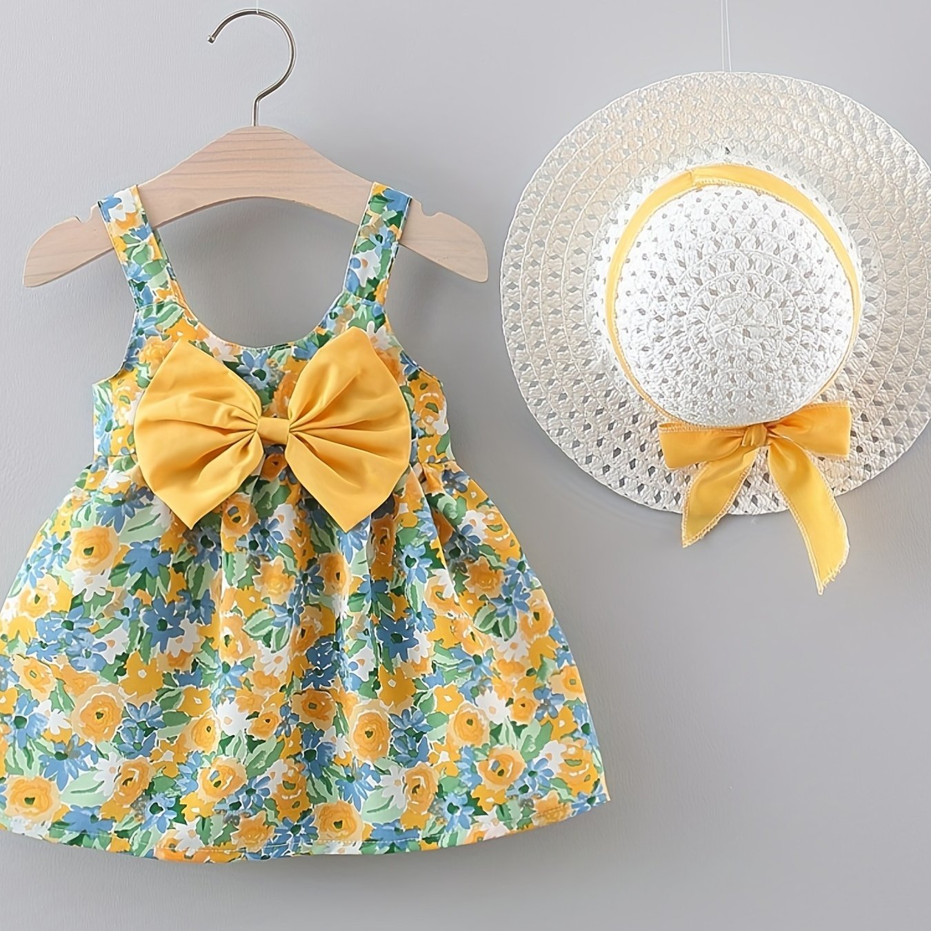 Charming Baby Girl Puffy Floral Cami Dress with Matching Bow & Hat - Perfect for Beach Holidays and Playful Dress - Up Occasions - Ammpoure Wellbeing