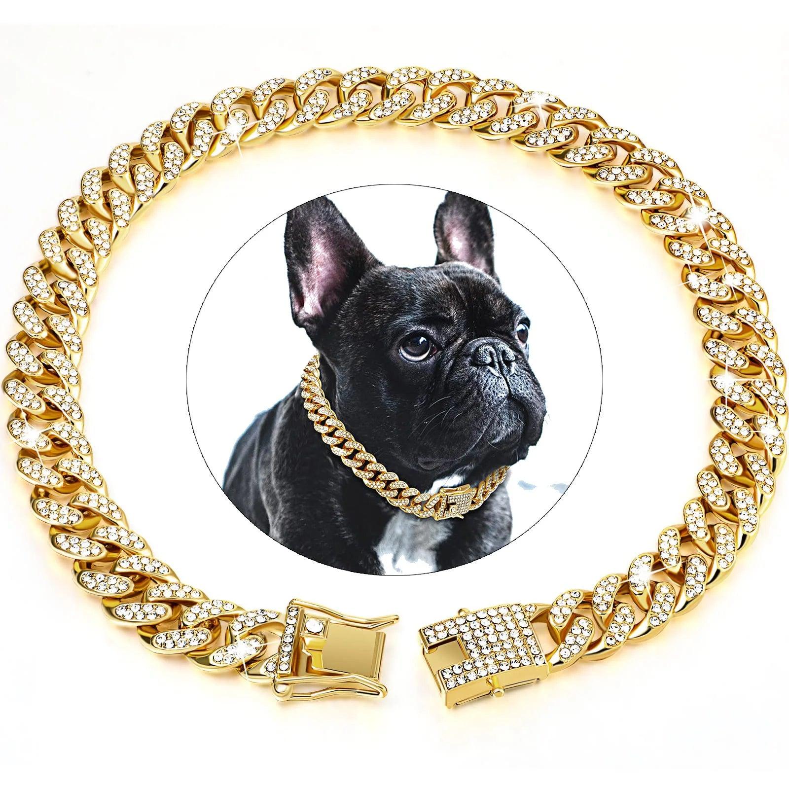 Dog Cat Chain Diamond Cuban Collar Walking Metal Chain Collar with Design Secure Buckle, Pet Cat Cuban Collar Jewelry Accessories - Ammpoure Wellbeing