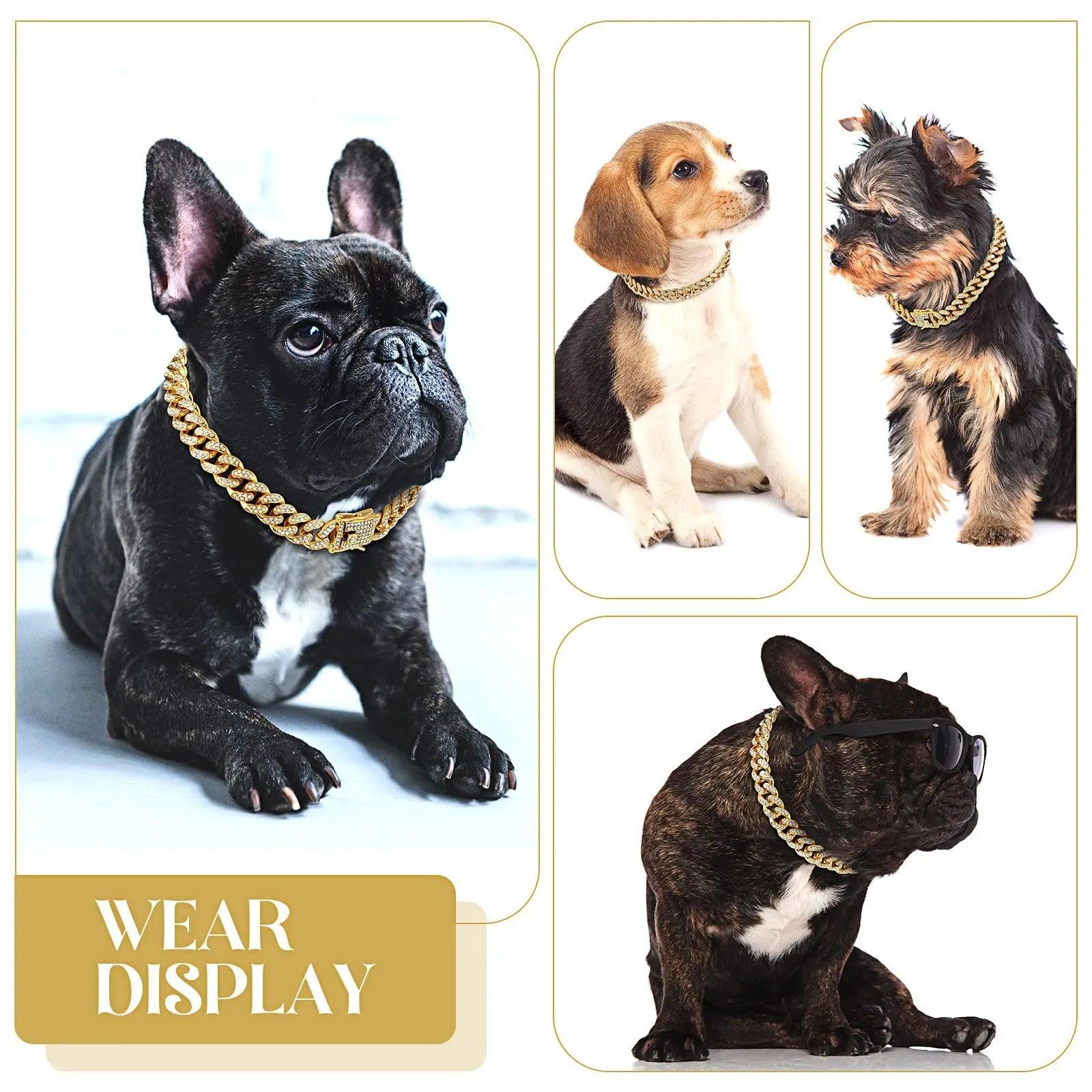 Dog Cat Chain Diamond Cuban Collar Walking Metal Chain Collar with Design Secure Buckle, Pet Cat Cuban Collar Jewelry Accessories - Ammpoure Wellbeing