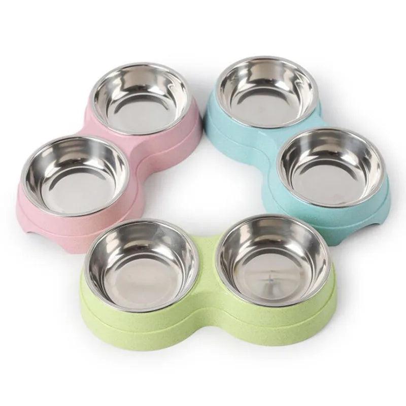 Double Pet Bowls Dog Food Water Feeder Stainless Steel Pet Drinking Dish Feeder Cat Puppy Feeding Supplies Small Dog Accessories - Ammpoure Wellbeing