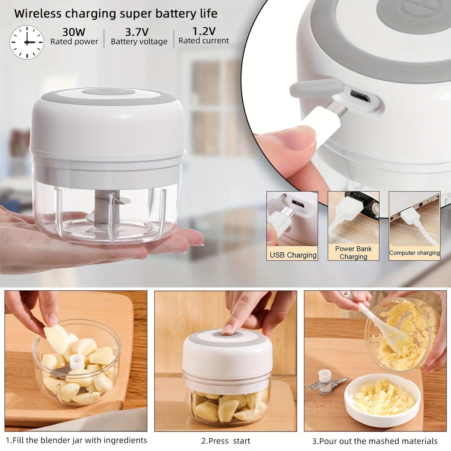 Electric Kitchen Food Chopper Mini Garlic Masher Crusher USB Portable Meat Grinder Vegetable Chopper For Kitchen Gadgets - Ammpoure Wellbeing