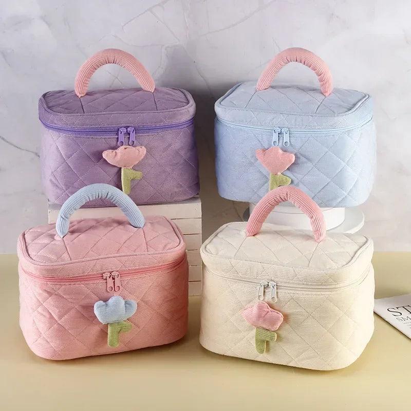 Fashion Women's Tulip Flowers Pouch Large Capacity Travel Cosmetic Bag Corduroy Zipper Bags Portable Storage Make Up Organizer - Ammpoure Wellbeing