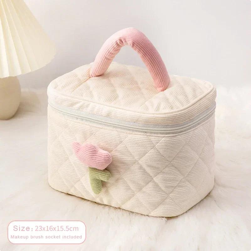 Fashion Women's Tulip Flowers Pouch Large Capacity Travel Cosmetic Bag Corduroy Zipper Bags Portable Storage Make Up Organizer - Ammpoure Wellbeing