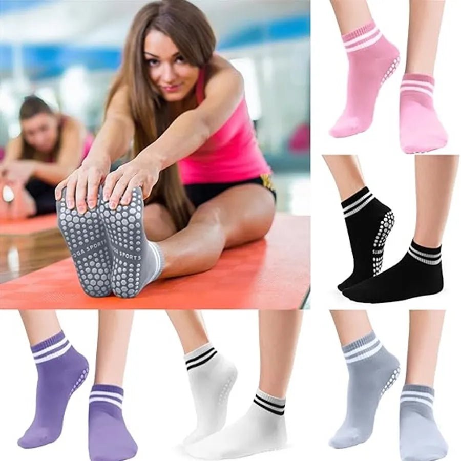 Grip Socks for Women, Non Slip Pilates Yoga Socks with Double Stripes Non Slip Socks for Workout, Ballet, Athletic Socks - Ammpoure Wellbeing