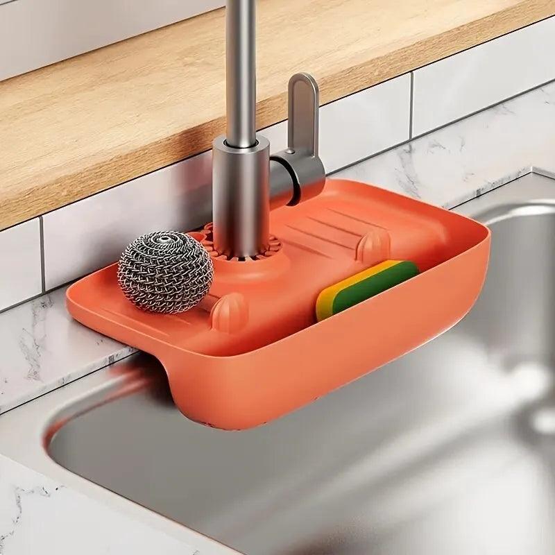 Household Silicone Sink Drain Rack Faucet Splash Proof Drain Rack Water Collecting Pad Sponge Rag Steel Wool Gadget Storage Box - Ammpoure Wellbeing