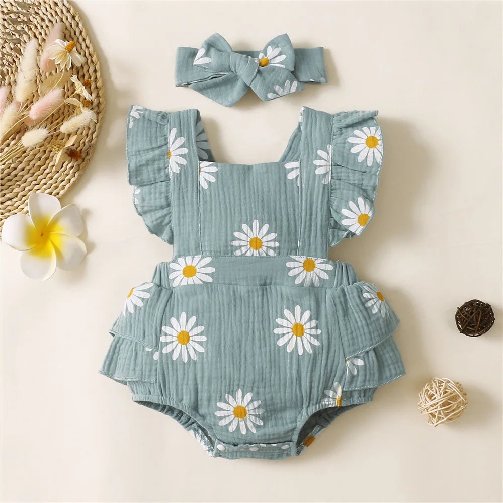 Infant Baby Girl Romper Clothes Ruffle Sleeveless Newborn Bodysuit with Headband Summer Jumpsuit Fashion Toddler Outfit Suit - Ammpoure Wellbeing