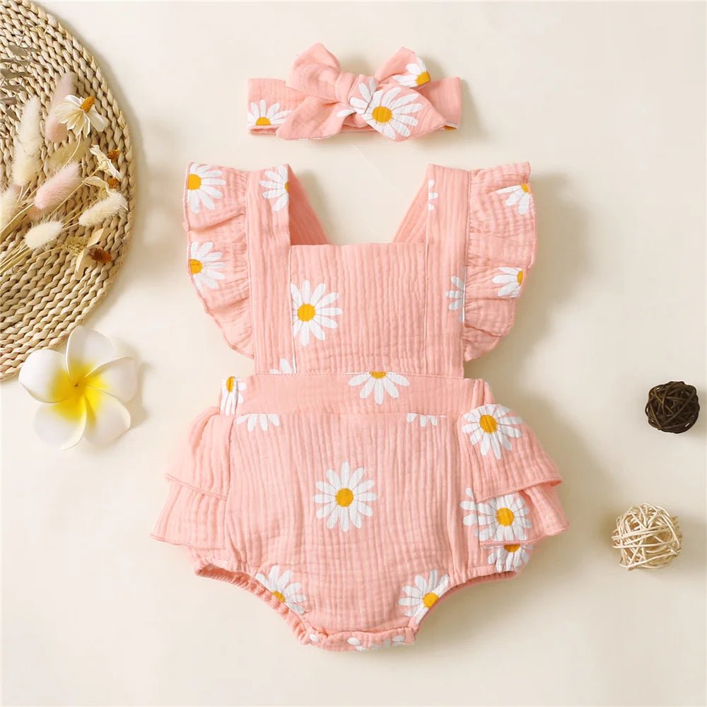 Infant Baby Girl Romper Clothes Ruffle Sleeveless Newborn Bodysuit with Headband Summer Jumpsuit Fashion Toddler Outfit Suit - Ammpoure Wellbeing