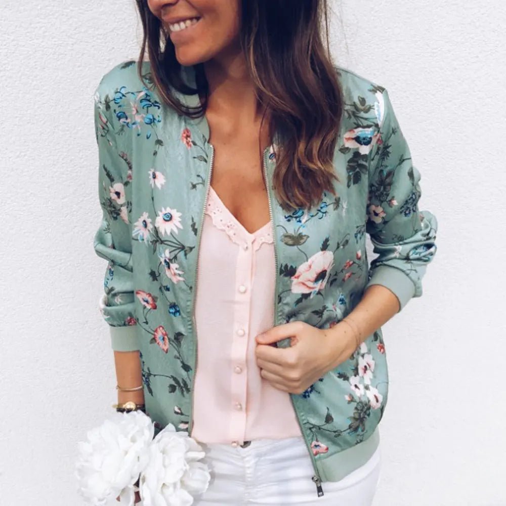 Jocoo Jolee Women Elegant Zipper Bomber Jacket Spring Autumn Floral Printed Jackets Office Wear Slim Office Coat Retro Outwear - Ammpoure Wellbeing