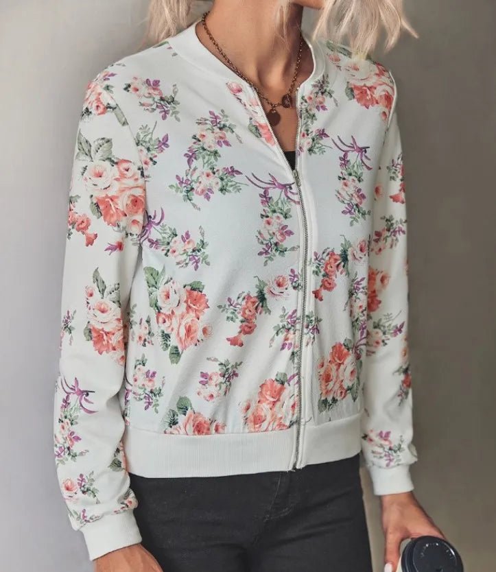 Jocoo Jolee Women Elegant Zipper Bomber Jacket Spring Autumn Floral Printed Jackets Office Wear Slim Office Coat Retro Outwear - Ammpoure Wellbeing