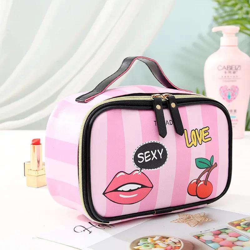 Leather Portable Women Cosmetic Bag Multifunction Travel Toiletry Storage Organize Handbag Waterproof Female Makeup Case - Ammpoure Wellbeing