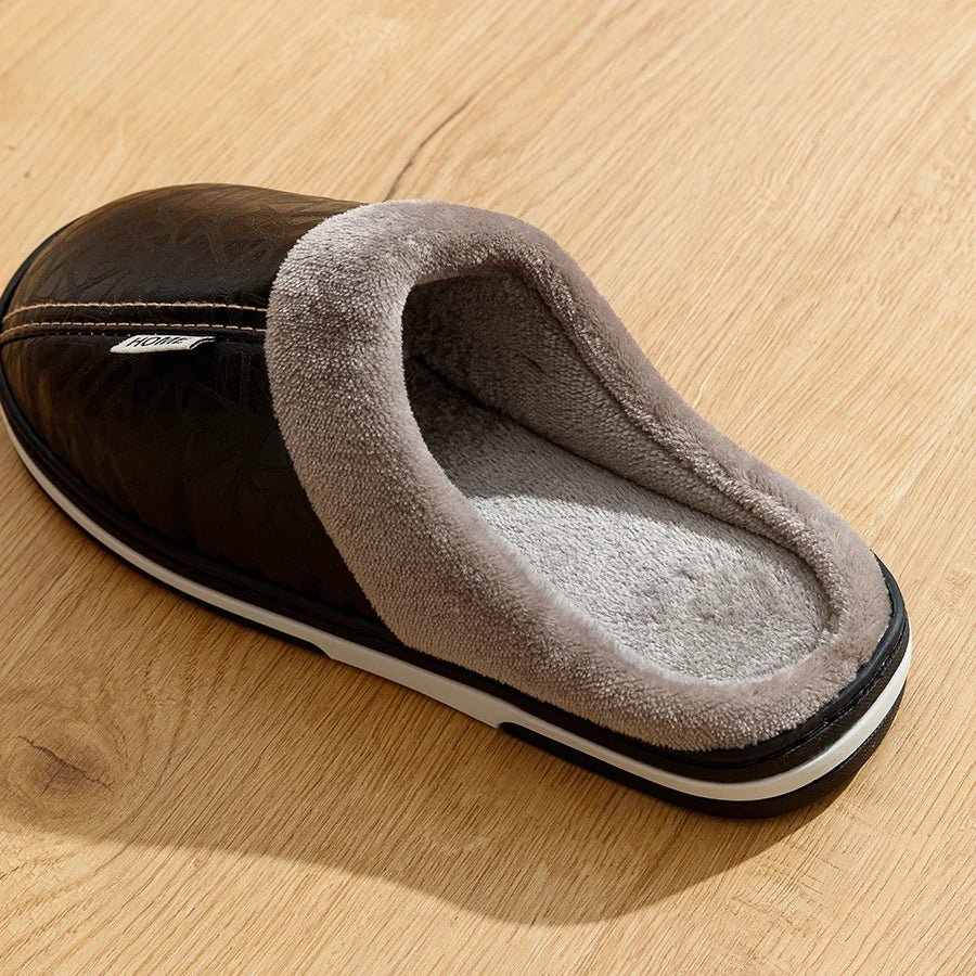 Men's slippers Winter Big Size Indoor Waterproof PU Leather Large Sizes Home Cotton shoes Fur Flat Cotton Bedroom Houseshoes - Ammpoure Wellbeing