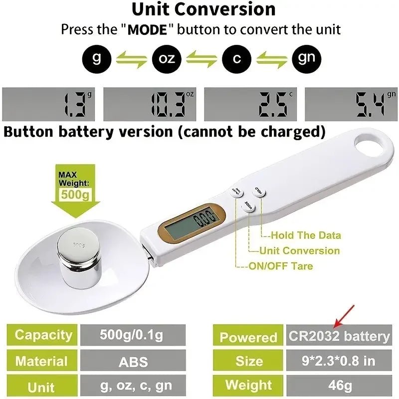 Mini Spoon Scale Digital Kitchen Scale Electronic LCD Food Scale 0.1 - 500g Cooking Flour Milk Coffee Powder Weight Measure Spoon - Ammpoure Wellbeing