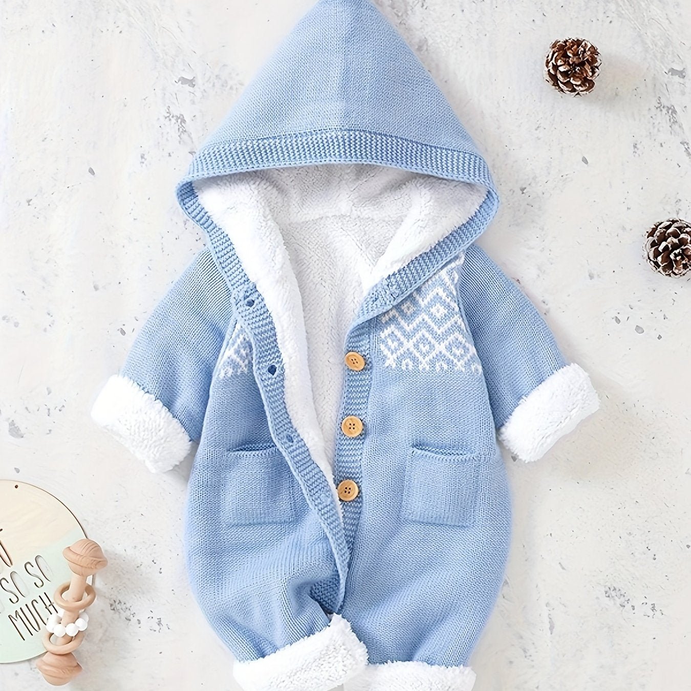Newborn Baby's Knit Hooded Jumpsuit, Warm Long Sleeves Hooded Button Down Onesie For Winter/fall - Ammpoure Wellbeing