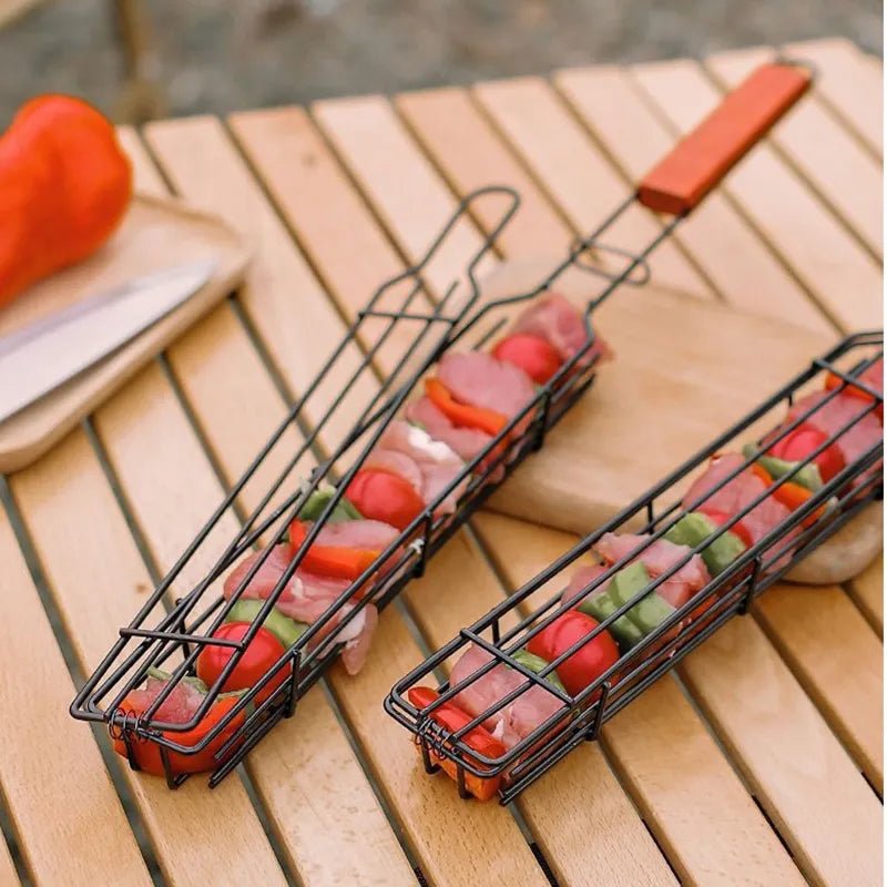 Outdoor Wooden Handle Barbecue Cage Camping Meat and Vegetable Barbecue Net Rack Picnic Barbecue Tools - Ammpoure Wellbeing