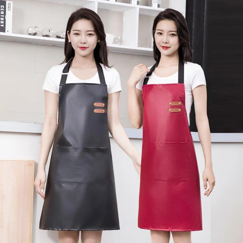 PU Leather Waterproof and Oil Resistant Apron Kitchen Workwear Home Cooking Cleaning Unisex Sleeveless Apron Adjustable - Ammpoure Wellbeing