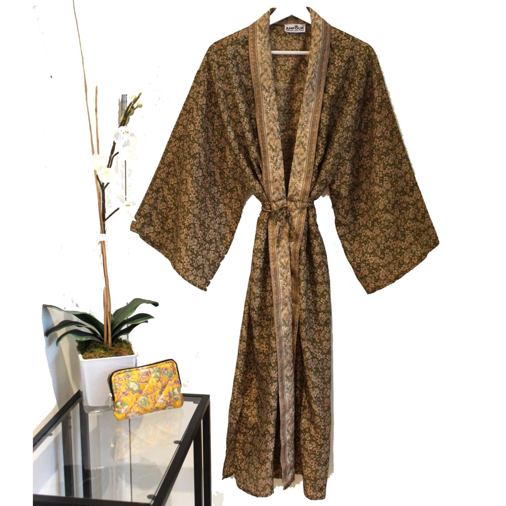 Recycled Silk Maxi Kimono + Premium Recycled Sari Silk Cosmetic Bag - Ammpoure Wellbeing