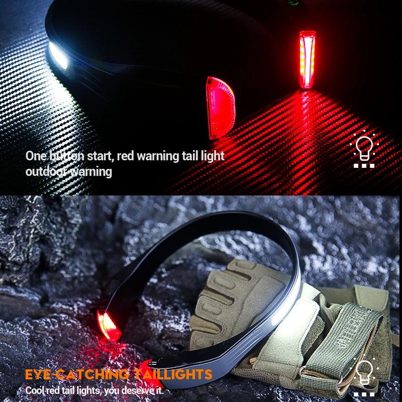 Running Headlamp USB C Rechargeable Built - in Battery Strong Light Fishing Reading Headlight with Tail Red and White Light - Ammpoure Wellbeing