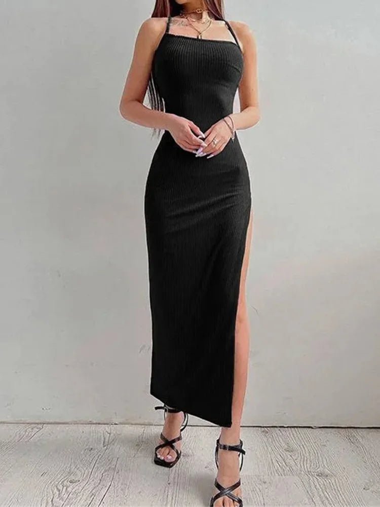 Sexy Black Long Bodycon Dress Women Summer Sleeveless Blackless Halter Neck Spaghetti Strap Dresses High Split Vestidos - Ammpoure Wellbeing